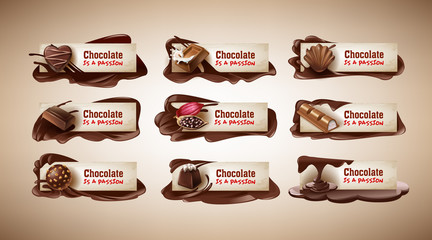 Set of vector illustrations, banners with chocolate sweets, chocolate bar, cocoa beans and melted chocolate. Template, design element for packaging and advertising, badges, stickers