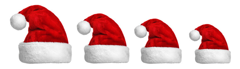 Santa hats for family on white background. Christmas and New Year 2018 celebration