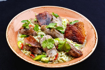 Baked duck served in a plate with rice and green beans and greens dressed with sauce.