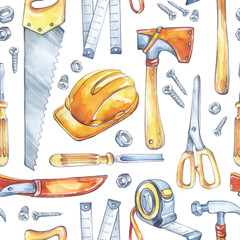 Men's work illustration. Seamless pattern with carpentry tools. Watercolor axe, saw, roulette, knife, hammer, helmet, screwdriver, scissor. Profession, hobby illustration. - 163358214