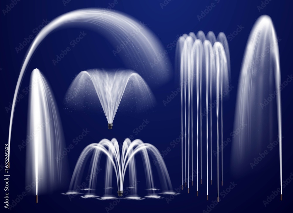 Sticker Realistic Fountains On Blue Background Set