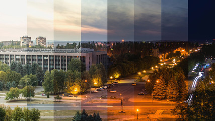 Youths square at city council at night, aerial view