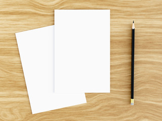 Blank white greeting card mockup with pencil on wooden table, top view, 3D rendering