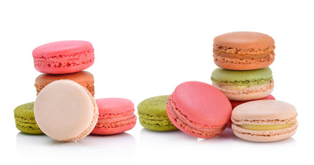 Sweet and colourful french macaroons or macaron on white background, Dessert.