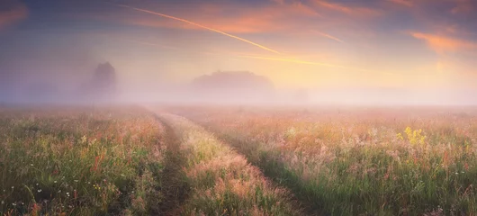 Photo sur Plexiglas Campagne Lever de soleil lumineux sur la prairie d& 39 automne