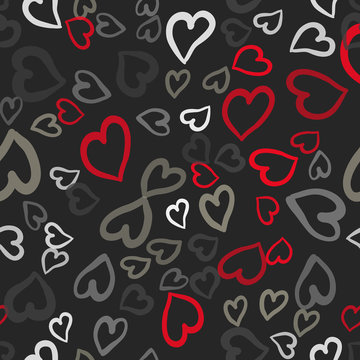 Red and gray hearts seamless vector tile. Valentines day background. Flat design endless chaotic texture made of tiny heart silhouettes