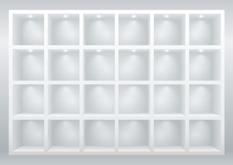 White cell furniture or display cases for goods, shelves for goods or library