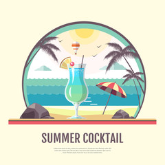 Flat style design of summer beach landscape with cocktail