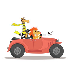 Obraz premium Cute card for child fun cartoon style There are funny animals in the car cabriolet Illustration isolated on white