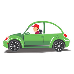 Young man driving green car. Vector illustration of a cheerful man driving on isolated background