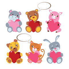 Cute Animals with heard Collection on white. Toy presents for Valentine's Day vector poster. Bunny, Cat, Hippo, Pig, Dog, Bears