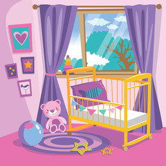 Girls bedroom interior. Flat style cartoon vector illustration. Baby room in pink. Baby room with furniture. Nursery interior.
