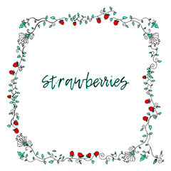 strawberries frame ornament. Hand drawn illustration with doodle style. Art Poster Textile design for printing and print-shop. Postcard press and coloring Page Book. Seamless background 