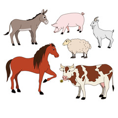 farm animals cartoon set vector with domestic livestock, pet isolated on white