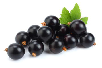 black currant with green leaf isolated on white background