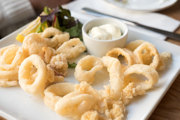 Close up of Fried Squid served on plate.