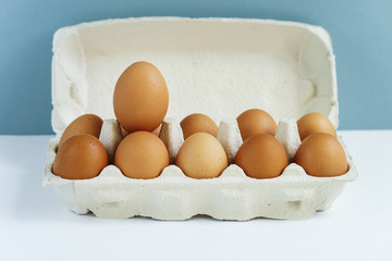 Brown eggs in open cardboard package on the background, closeup, front view