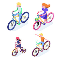 Isometric People. Isometric Bicycle isolated. Family Cyclists group riding bicycle. Cyclist icon