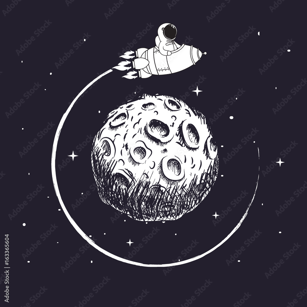 Canvas Prints astronaut sits in spaceship and flying around moon