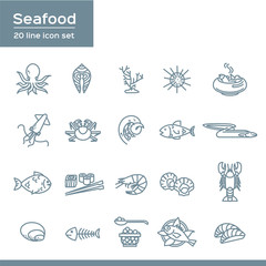 Set of Sea Food Related Vector Icons, flat style with thin line art seafood icons on white background.