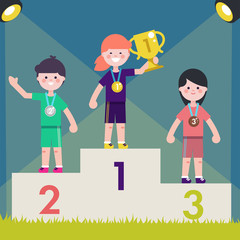 Sport kids on pedestal with trophy cup. Vector illustration.Children on victory podium with medal