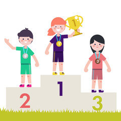 Sport kids on pedestal with trophy cup. Vector illustration.Children on victory podium with medal