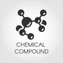 Icon of chemical element compound in flat design. Black logo on a gray background. Abstract molecular connection. Vector illustration