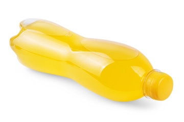 Small plastic bottle of orange soda isolated on white