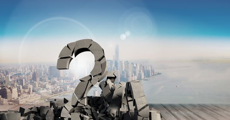 3D Broken concrete stone with Question symbol in cityscape