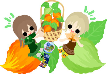 Cute little people and a basket of ground cherry and wind bell