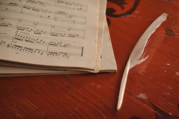 Notes and feather on the table