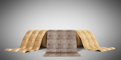 rolls of linoleum with wood texture 3d illustration on grey