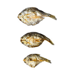 Dry fish and sunny on the white background for isolate, small dried fish and pattern of dried fish, top view of dry fish on the white background for isolate