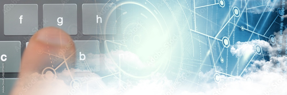 Poster finger typing on keyboard with smart tech and clouds transition