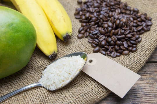 fair trade products: rice, coffe, banana, mango,