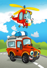 Cartoon fire fighter car smiling looking on the road and police helicopter flying over - illustration for children