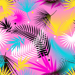 Beautiful seamless tropical jungle floral pattern background with palm leaves. Pop art. Trendy style. Bright colors. Vector illustration.