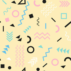 Retro vintage 80s or 90s fashion style. Memphis seamless pattern. Trendy geometric elements. Modern abstract design. Good for textile fabric. Vector illustration.