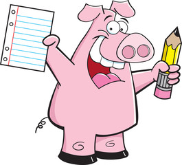 Cartoon illustration of a pig holding a paper and a pencil.