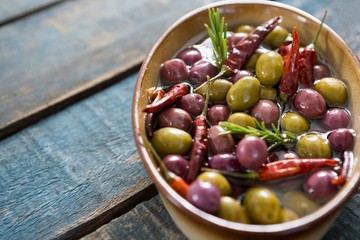 Close-up of pickled olives in bowl