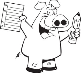Black and white illustration of a pig holding a paper and a pencil.