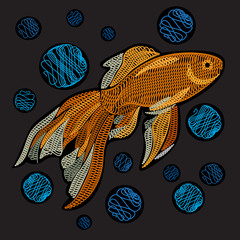 Goldfish with bubbles. Embroidery with golden fish on a black background. Embroidered goldfish. Vector illustration.