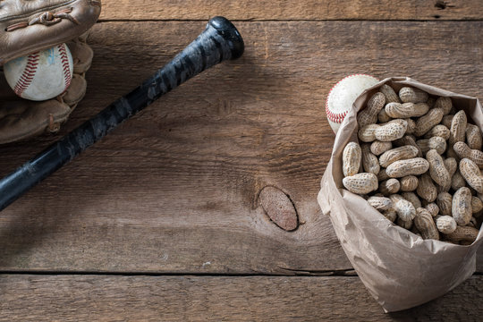 Baseball Wood Background With Peanuts