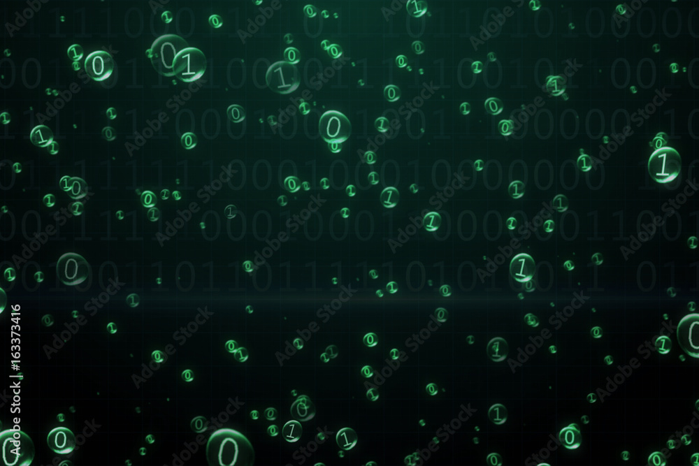 Poster the binary code inside the bubbles rises. green interface. 3d illustration
