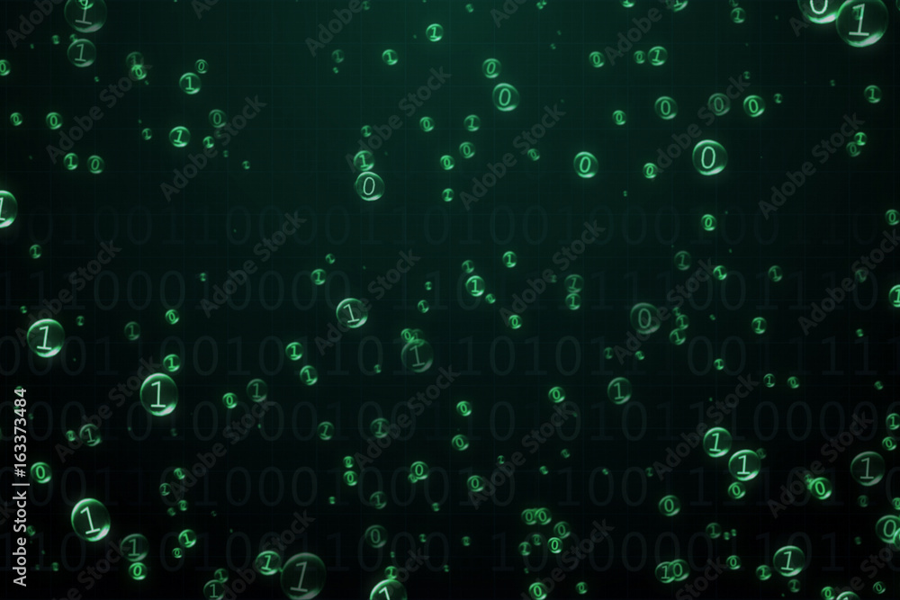 Poster the binary code inside the bubbles rises. green interface. 3d illustration
