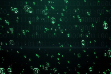 The binary code inside the bubbles rises. Green interface. 3d illustration