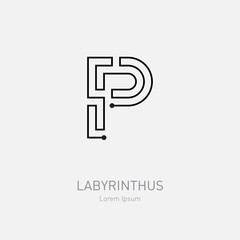 Letter P. Labyrinth vector logo template. Line art rebus, concept logotype icon.