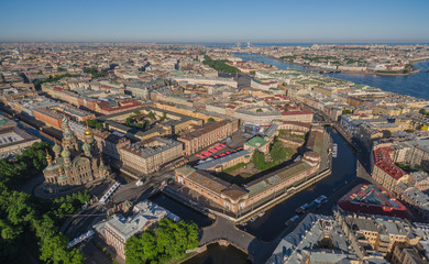 Fototapeta na wymiar Aerial view of St. Petersburg center and Church of the Saviour on Spilled Blood,, Russia