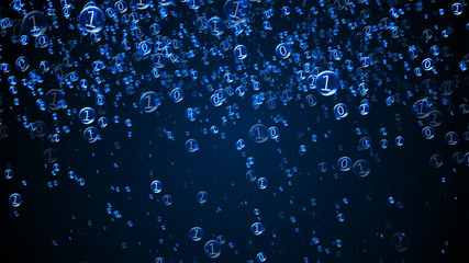 The binary code inside the bubbles rises. Blue interface, 3d illustration