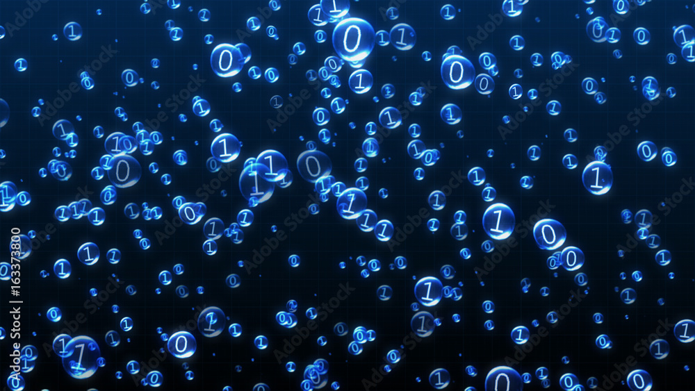 Poster the binary code inside the bubbles rises. blue interface, 3d illustration